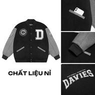 Varsity jacket cổ bẻ DAVIES kaki nỉ màu đen phối tay xám logo thêu form rộng 2 lớp Baseball Academy 