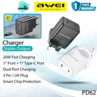 Awei PD62 Fast Charger 20W Fast Charging Charger Set Type-C PD Wall Charger UK 3 Pin Plug Adapter Aw