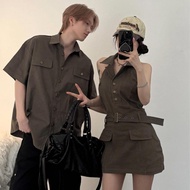 7735 People Mark Collection🎗️Couple Wear Summer Korean Version Short-Sleeved Shirt French One-Piece 