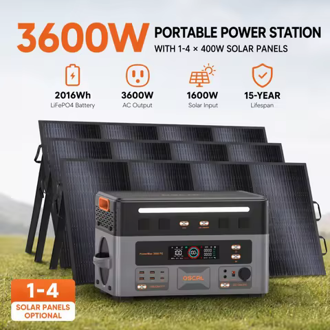 OSCAL 3600W PowerMax 3600PE Portable Power Station, 2016Wh LiFePO4 Solar Generator Optional 400W Sol