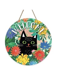 歡迎春天黑貓標誌前門裝飾,菊花花朵木製門掛戶外門廊裝飾,夏季農舍木製花環室內掛墻裝飾