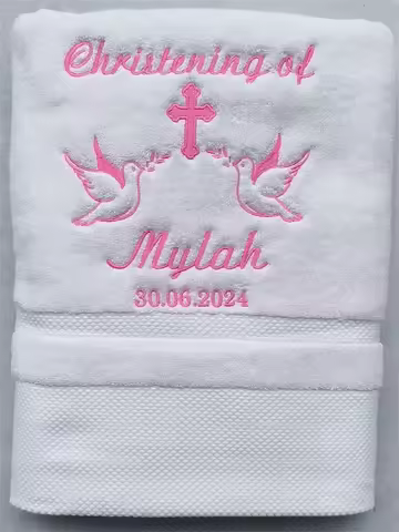 AHSNME Customized Baptism Towel 70x140cm Bath Towels for Baby Christening White Towel with Name and 