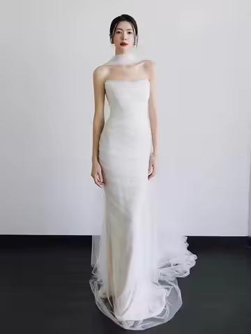 Ele White Satin Fi Tail Evening Dr Wedding Gown Simple Princ Sle Bridal Outfit Guest eeting Long Ski