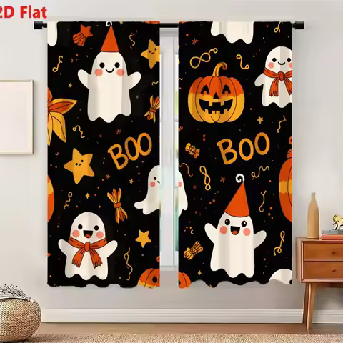 2Pcs Curtains 2D Flat Halloween Pattern Set Solid Black Background Cute Cartoon Elements White Ghost