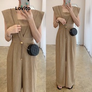 Lovito Casual Jumpsuit Plain Pleated Split Jumpsuit for Women LNE71596