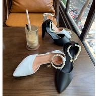 9-inch closed-toe high heels with cute pearl straps available in 2 colors: black and white a888v1