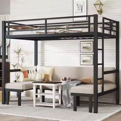 Heavy Duty Metal Bunk Bed Full Over Full with Sofa, Lower Bed Can Be Pulled Out in Three Sections, L