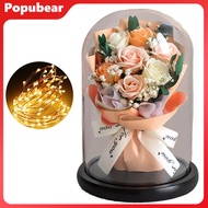Artificial Rose Bouquet with LED Light Glass Dome Cover Eternal Flower Decoration Women Wife Girlfri