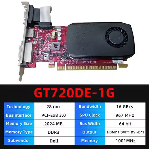 NVIDIA GeForce GT 720 1GB DDR3, Low-Profile Graphics Card, DirectX 12, HDMI/DVI/VGA, Silent Cooling,