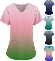 Gradient Print medical uniforms women Short Sleeve V-neck Nurse Scrubs Top Dentist Medical Scrub Spa