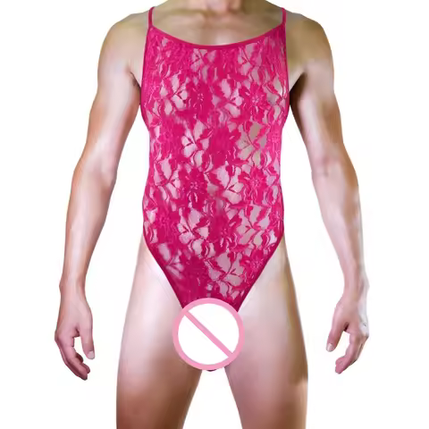 Mens Transparent Floral Lace Lingerie Bodysuit Bulge Pouch Thong Leotard Sissy Crossdresser Nightwea