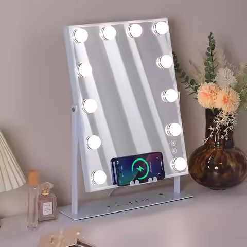 FENCHILIN White Vanity Mirror with Lights Wireless Charger Bluetooth Speaker Hollywood Makeup Mirror