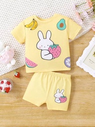 SHEIN 嬰兒女寶寶休閒卡通兔子和水果圖案短袖t恤和緊身短褲套裝