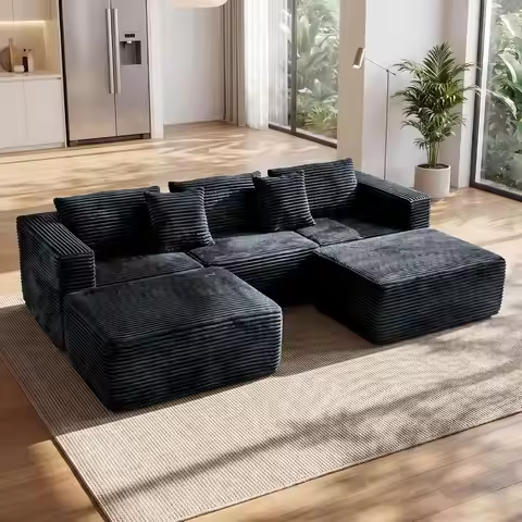 110 U-Shaped Deep Seating Modular Couch with 2 Ottomans, Grey Corduroy, No Assembly Needed