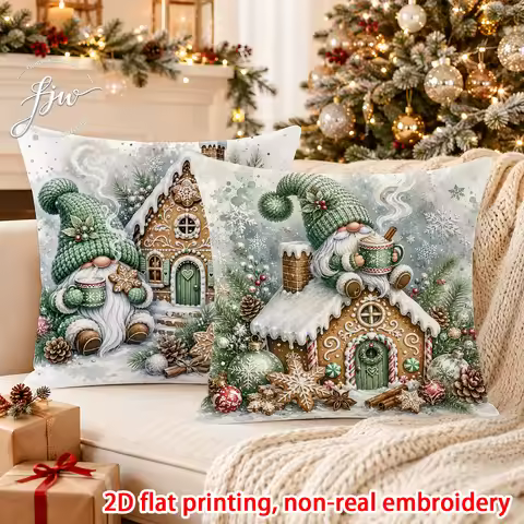 2pcs Christmas Gnome Gingerbread House Throw Pillow Covers Winter Holiday Decor Cushion Cases