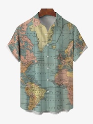 Men's Vintage World Map Shirt Atlantic Ocean Print Travel Theme Top