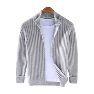 Fall Winter Men Coat Zipper Closure Knitted Cardigan Stand Collar Long Sleeves Solid Color Thick Ela