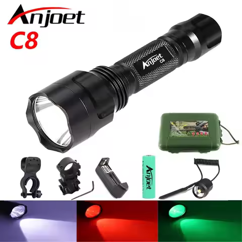 Anjoet C8 CREE XM-L T6 White/Green/Red led Tactical Flashlight 18650 Battery Aluminum Torch Lamp for