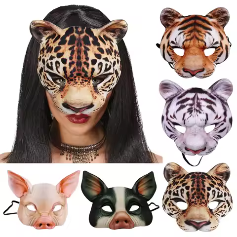 3D Animal Mask Realistic Tiger Pig Bunny Leopard Half Face Mask Halloween Carnival Masquerade Party 