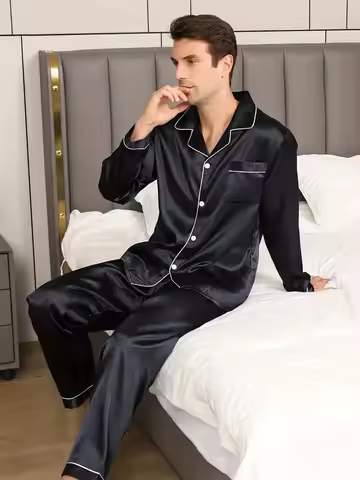 New Men Pajama Sets Spring Silk Satin Solid Color Men's Pajamas Big size Long Sleeve Pants Male Home