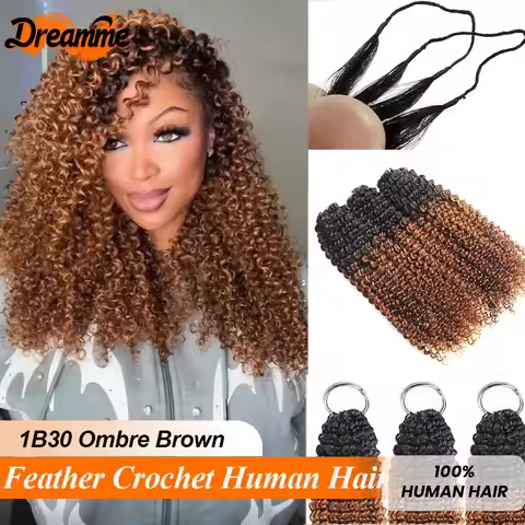 Feather Crochet Human Hair For Braiding Curly 1B30 Ombre Brown Invisible Knot PreSeparated Knotless 