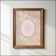 Seni Dinding Kristian Ecclesiastes 3:11 - Hiasan Nurseri Coquette Pink, Cetakan Skrip Vintage Cottag