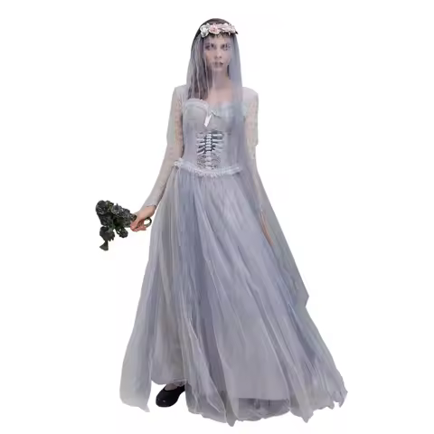 Women Halloween Dead Bride Costume Ghost Corpse Bride Corset Dress and Veil Floral Headband Set for 