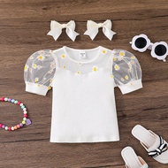 เสื้อยืดเด็กผู้หญิงแขนพอง ผ้าชีฟองเนื้อแน่น แพทช์เวิร์ค สีพื้น