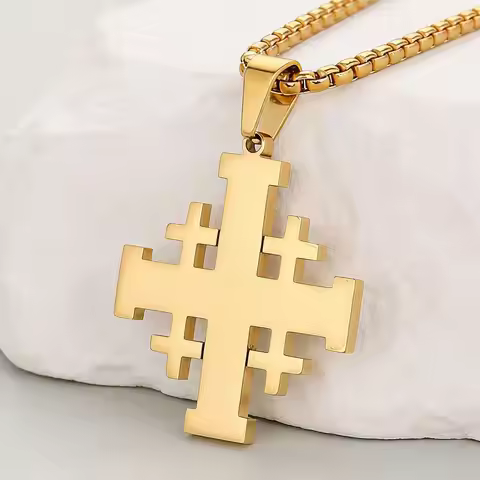 Mens 18K Gold Plated Stainless Steel Five Fold Cross Pendant Jerusalem Cross Necklace Religious Jewe
