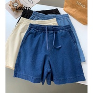 COD Lovito Casual Plain Lace Up Denim Shorts for Women LNE17228 (Dark Blue) Celana Pendek Denim Bert