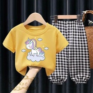baju setelan celana anak perempuan cewek unicorn usia 3-5 tahun - kuning 3-5 tahun