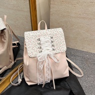 Japanese cute girl backpack 2025 fashionable lace strap floral ba日系可爱少女双肩包2025时尚蕾丝绑带碎花背包休闲通勤学生包/珠珠25