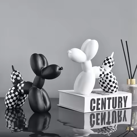 Creative Black And White Balloon Dog Ornament Luxury Checkerboard Patterned Balloon Dog Statue Resin
