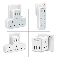 TESSAN 2 Way / 3 Way Extension Plug Power Socket Surge Protector with 3 USB Port Output 3A Fast Charging，Wall Plug Socket Extension 13A UK 3 Pin Plug Extension Socket Adapter