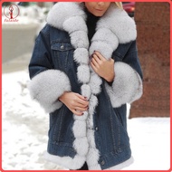 fulaide Winter Women Denim Jacket Faux Fur Trim Long Sleeves Color Matching Pockets Cold-proof Mid L
