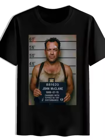 Men's Black Iconic John McClane Die Hard Movie T-Shirt Lineup Mugshot Print 88-02 Detention Number S