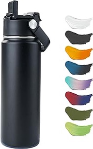Kerilyn 24oz Stainless Steel Insulated Water Bottle, Double Wall Vacuum, Leak Proof with Silicone Straw, Wide Mouth, BPA Free, Copper Lined, Keep Cold 24h Hot 12h, Black