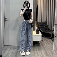 ELWYN women's straight-leg jeans, figure-flattering star embroidered jeans, gray blue, size S M L 88