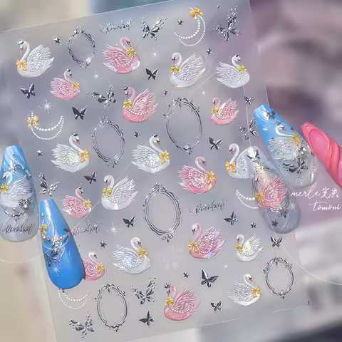 Princess Swan Crown Bow 5D Nail Art Stickers Silver Butterfly Irregular Frame White Pink Charming Sw