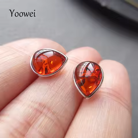 Yoowei Small Amber Earrings for Women 9*7mm Tiny Teardrop Shape Genuine Natural Amber Stud Earrings 