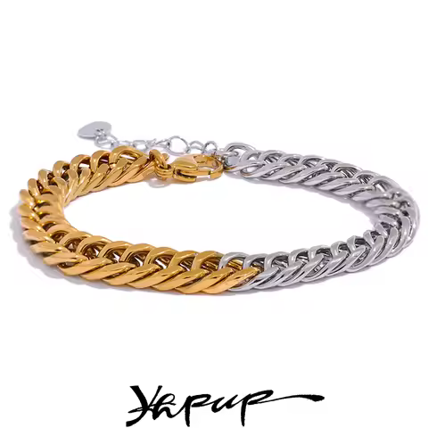 Yhpup Stainless Steel Chain Bangle Bracelet Trendy 18 K PVD Plated Metal Texture Bracelet Waterproof