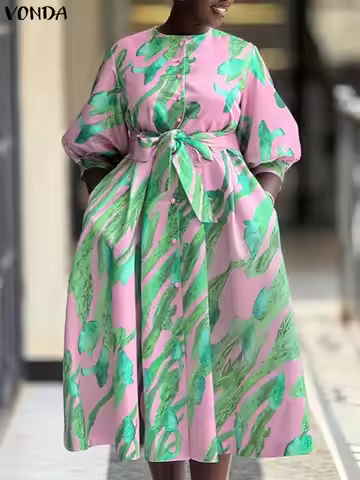 Plus Size 5XL VONDA Women Bohemian Print Midi Dresses Autumn 3/4 Sleeve Belted Casual Long Robe O-Ne