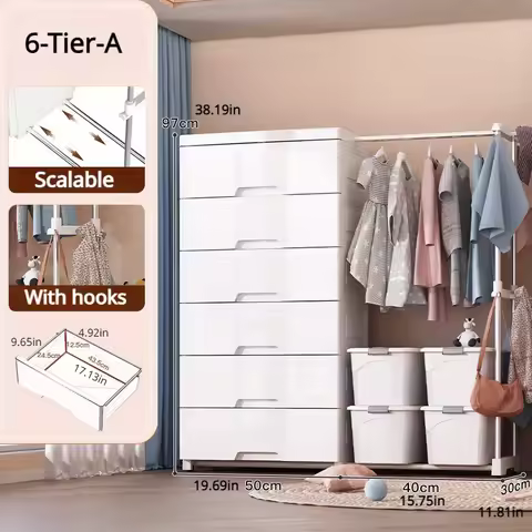 5/6-Tier White Wardrobe with Extendable Hanger - Large Space & Partitioned Storage Wardrobe for Bedr