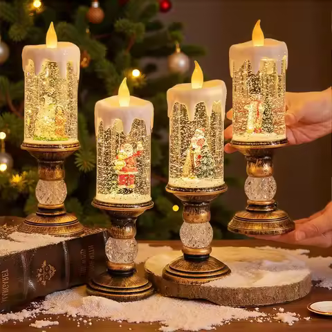 Christmas Snow Globe Lantern with Music, Snow Globe Candle Glittering, USB and Battery Operated, Sno