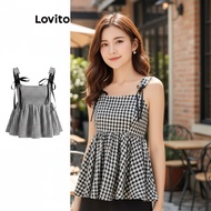 Lovito Women's Casual Eyelet Tank Top with Plaid Bow, L109MD282