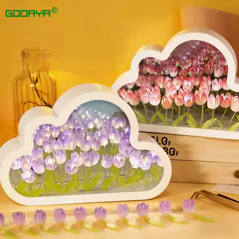 DIY Cloud Mirror Tulip Lamp Night Light Girl Bedroom Ornaments Photo Frame Handmade Glass Bedside Sl