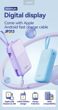 Pin dự phòng mini sạc nhanh 22.5W JOWAY JP313 20000mAh Màn hình kỹ thuật số Power Bank Tích hợp cáp 