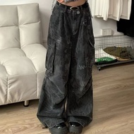 Retro American Desert สไตล์ผู้หญิงขาตรงกางเกงยีนส์ Workwear กางเกงหลายกระเป๋ารูปแบบงู Streetwear