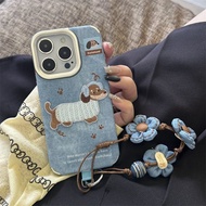 Korean Blue Dog Flower Lanyard Phone Case