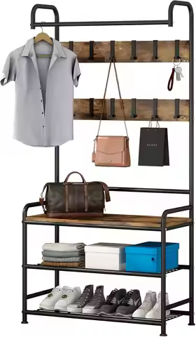 3-in-1 Hall Tree with Bench and Shoe Storage, Heavy Duty MDF Stand Coat Rack for Entryway, Black